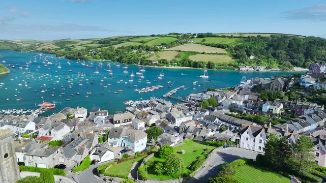 Salcombe and Mill Bay over Kingsbridge Estuary from a drone, Batson Creek, Southpool Creek, Devon, England, United Kingdom