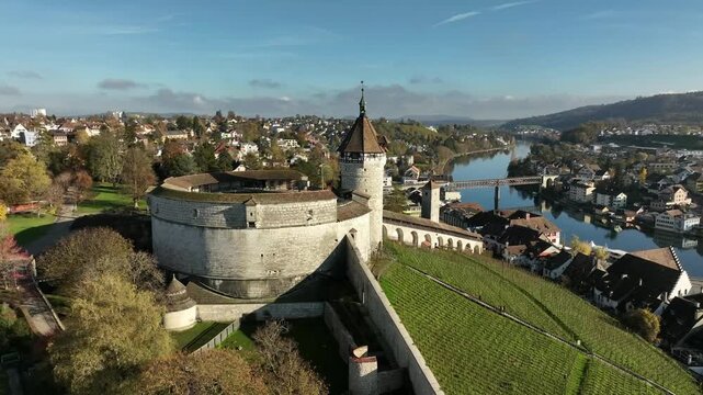 Aerial view of the Munot fortress in the old town of Schaffhausen, right of the Rhine, Canton Schaffhausen, Switzerland