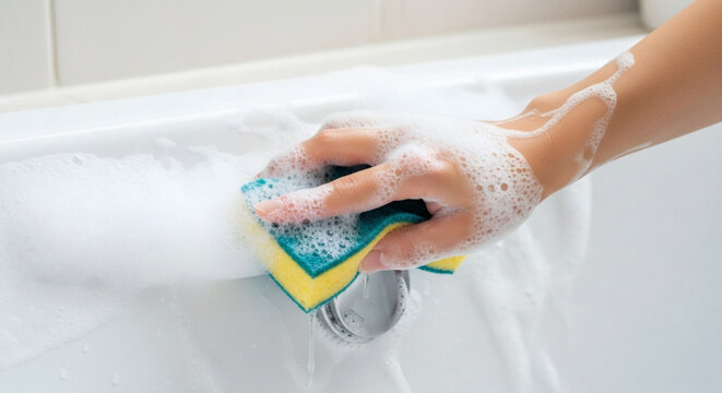 Hand cleaning white bathtub with yellow sponge and soapy foam bubbles in a bright modern home bathroom interior setting