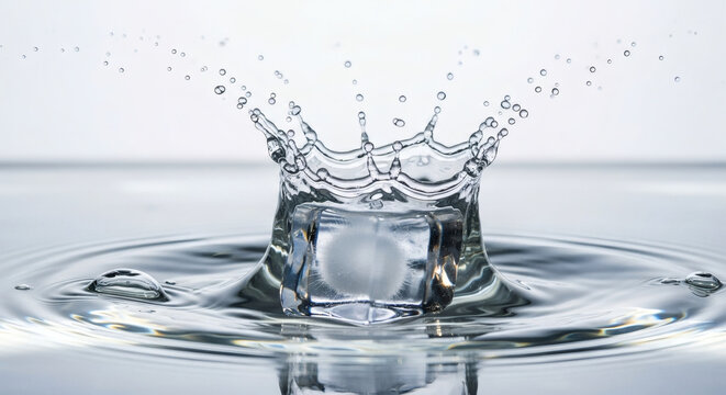 Water splash crown created by a single ice cube dropping into clear liquid on a bright white background surface