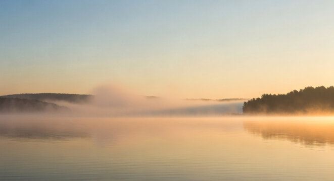 Scenic lake landscape with morning mist over calm water during a golden sunrise featuring distant pine trees and hills