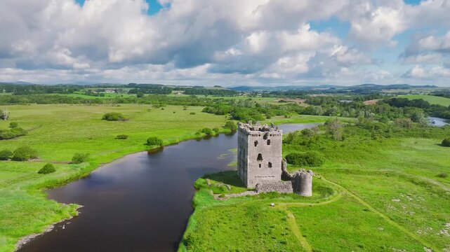 Threave Castle from a drone, Kirkcudbrightshire, Dumfries and Galloway, Scotland, United Kingdom