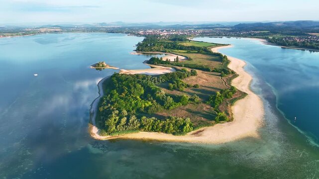 Aerial view of the Mettnau peninsula near Radolfzell on Lake Constance at historic lows, low tide at water level 286 cm, on the horizon the town of Radolfzell and the Hegauberge Mountains, Konstanz d