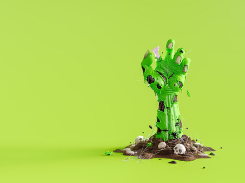 Green Zombie hand emerging from ground. Halloween concept design with copy space. 3D Rendering, 3D Illustration