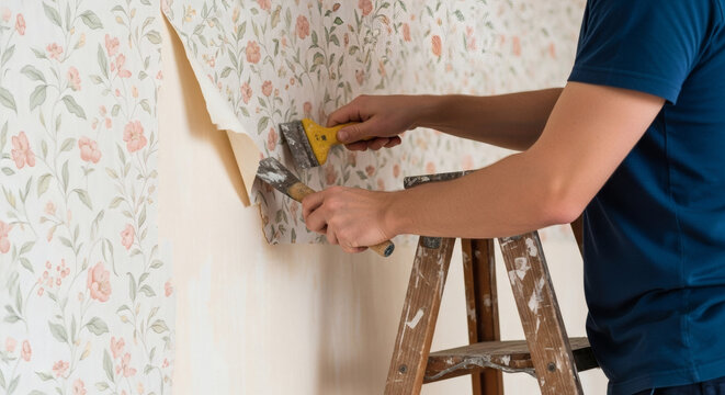 Wallpaper removal process performed by a man using metal scrapers while standing on a wooden ladder inside a residential house