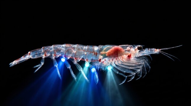 Antarctic Krill Euphausia Superba Ventral Photophore Organs Glowing Sapphire in Abyssal Ocean Void with Chitin Carapace and Gills for Marine Biology Science Research Biodiversity Media Banner