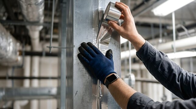 Close-up of a professional technician's hands sealing a rectangular galvanized metal ventilation duct using silver aluminum foil tape in an industrial hvac mechanical room installation.