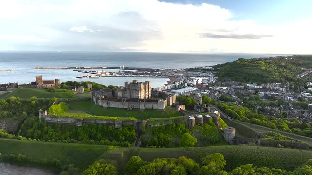 Dover Castle from a drone, White Cliffs, Dover, Kent, England, United Kingdom