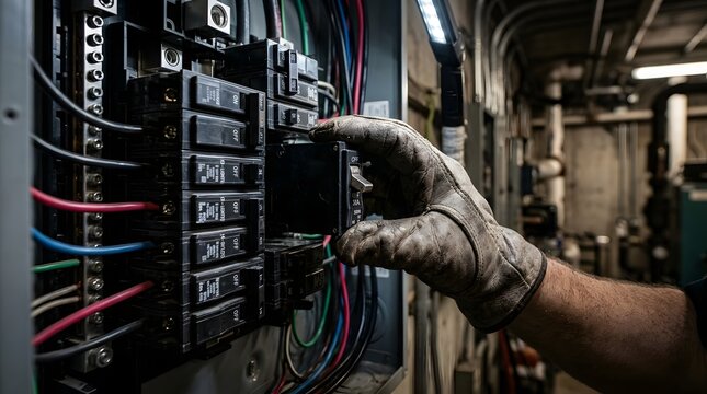 Close-up of an electrician's hand in a protective work glove replacing or installing a circuit breaker in an electrical panel box, maintenance and repair service for power supply system.