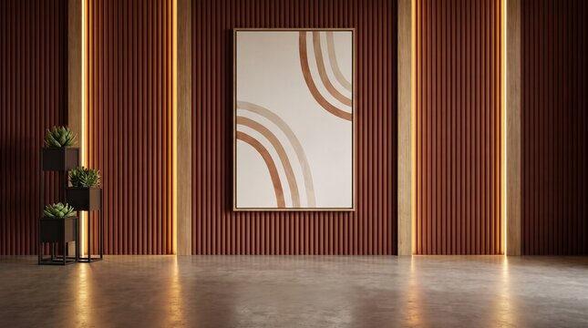 Contemporary studio backdrop with rich mahogany fluted wood walls, a minimalist framed arch painting, and warm vertical LED strip accent lighting.