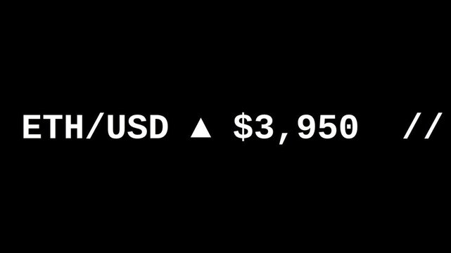 A cryptocurrency ticker with bitcoin and ethereum prices increasing against usd currency on a black background.
