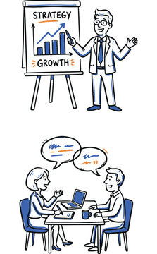 Business presentation and meeting illustration showing corporate strategy growth flipchart and colleagues discussing at desk