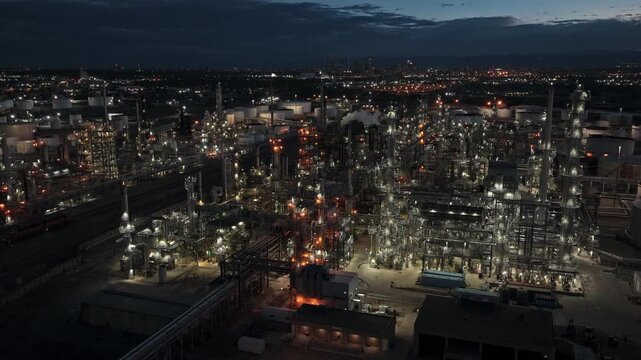Oil refinery overview evening night america landscape drone video Denver Colorado 4K