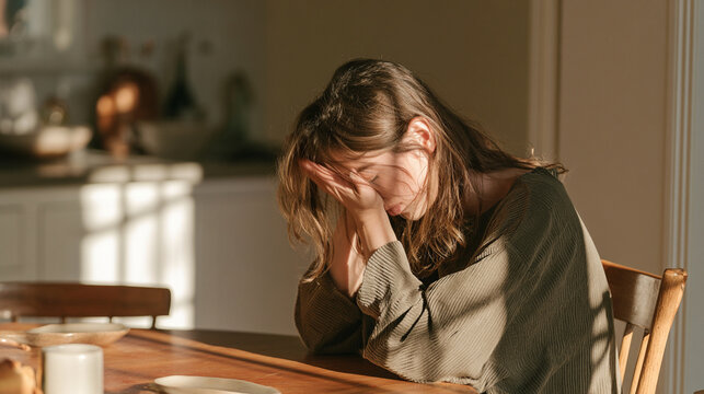 Young woman hiding her face in her hands at the kitchen table, , young man crying, woman sitting in the dark room, burnout, photo style