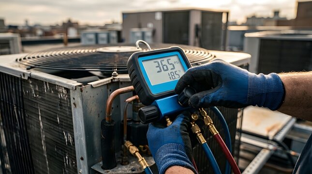Professional HVAC technician hands in protective gloves using a digital manifold gauge to check refrigerant pressure and temperature on a commercial air conditioning condenser unit on a rooftop.