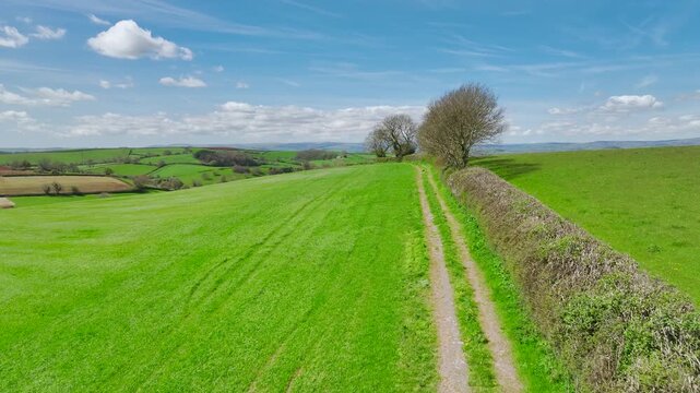 Fields and Farmlands at spring from a drone, Devon, England, United Kingdom
