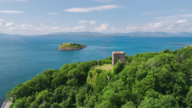 Dunollie Castle from a drone, Oban, Argyll and Bute, Scotland, UK