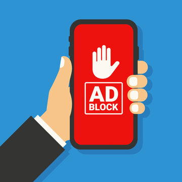 Hand holding a smartphone with an ad blocker enabled, symbolizing online privacy and browsing control