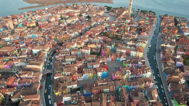 Aerial view of Colored Houses of the Island of Burano, Venice, Italy