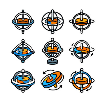 A collection of stylized gyroscope icons displayed in a grid on a white background.
