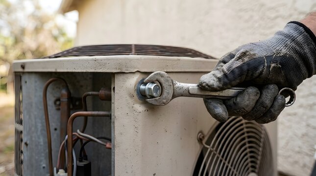 Professional HVAC technician's hand in protective work gloves using a steel wrench to tighten a metal bolt on an outdoor air conditioning unit during routine maintenance and repair service.