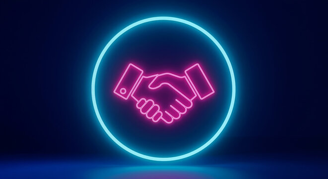 Neon handshake icon glowing pink inside blue circular frame on dark studio background representing business partnership agreement