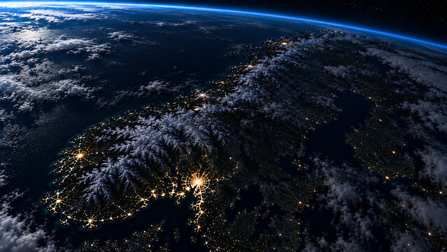 Night View of Norway from Space with Illuminated Cities and Nordic Coastline, suitable for mapping, tourism, technology and regional geography projects.