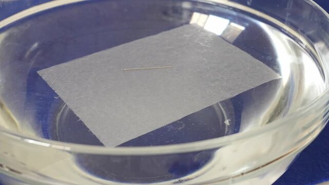 Metal sewing needle floating in water in a glass container.