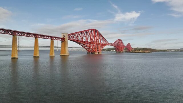 Inch Garvie Castle from a drone, Forth Bridge, Queensferry Crossing, Forth Estuary, Scotland, United Kingdom
