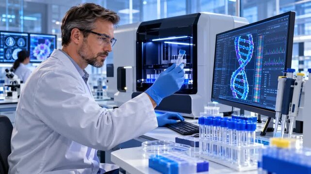 Scientist analyzes a biological sample with automated laboratory equipment while viewing DNA data, illustrating genetics, biotechnology, diagnostics, pharmaceutical research and advanced scientific te