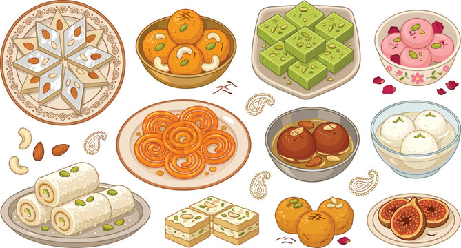 Traditional Indian Diwali Sweets Collection with Ladoo, Barfi, Jalebi, Gulab Jamun, Rasgulla, Kaju Katli and Assorted Festive Desserts