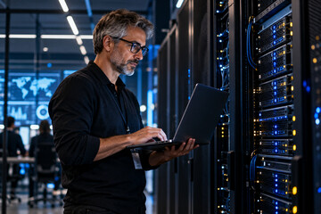 Fototapeta premium IT engineer working with AI servers in modern data center