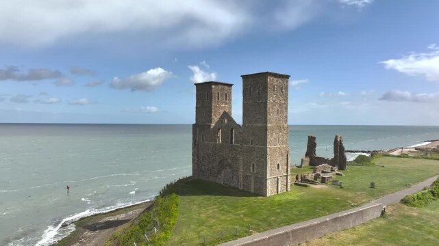 Reculver Towers and Roman Fort from a drone, Herne Bay, Kent, England, United Kingdom