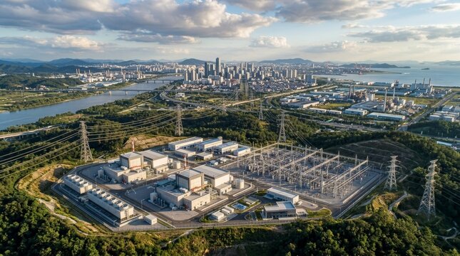 Nuclear power plant with substation, transmission towers, city and river in background, aerial view, energy grid infrastructure