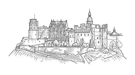 Obraz premium Heidelberg Castle Outline Drawing Isolated Transparent Background Vector Sketch Art