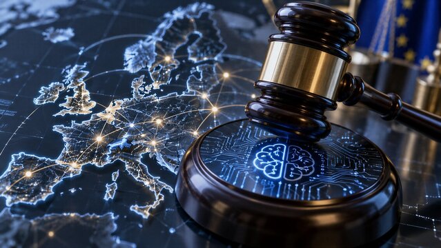 A digital representation of a gavel overlaid on a map of Europe, symbolizing the intersection of law and artificial intelligence.