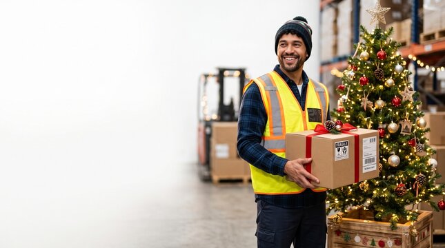 Warehouse worker holding Christmas gift box next to decorated tree