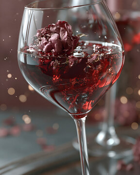ワイングラスに沈む枯れた赤い薔薇の花(A withered red rose sinking into a wine glass.)