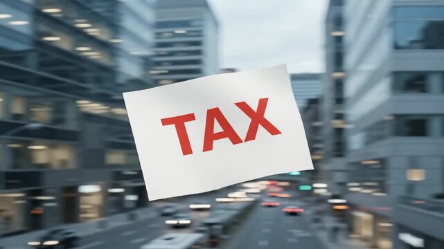 White Paper with Red TAX Text Flying Around Against City Traffic Background