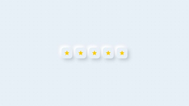 Five star rating system animation with gold stars and neomorphic buttons for customer feedback
