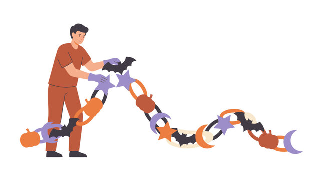 Young man decorating with festive halloween party garland made of pumpkins bats and stars. EPS Editable. Vector Illustrations.