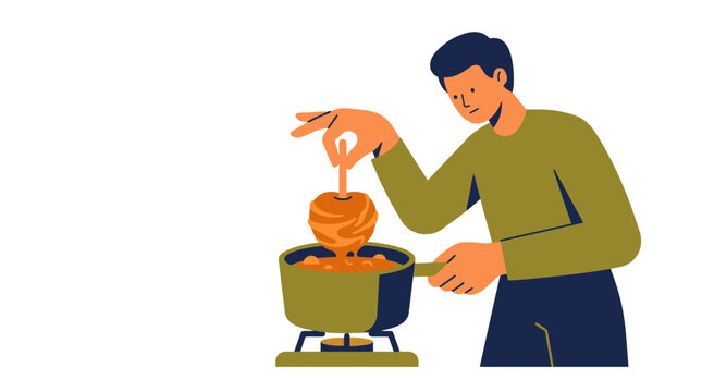Young man making sweet caramel apple dessert dipping fruit in hot pot cooking vector illustration. EPS Editable. Vector Illustrations.