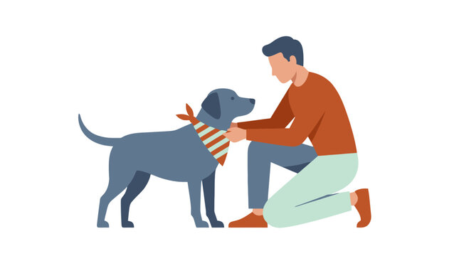 Young man kneeling and petting his black labrador dog vector illustration. EPS Editable. Vector Illustrations.