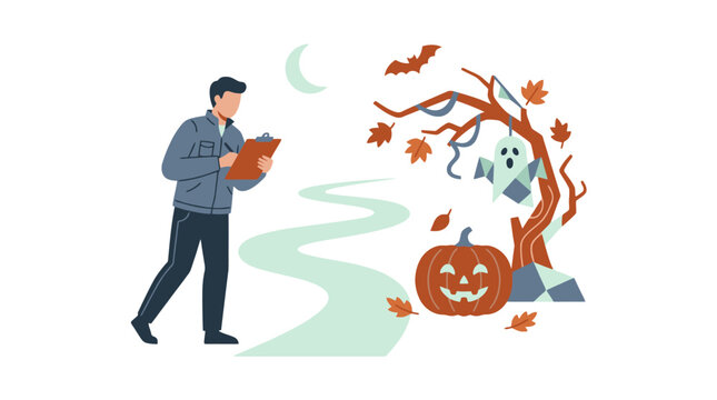 Young Man Walking On Path Near Spooky Halloween Tree And Carved Pumpkin. EPS Editable. Vector Illustrations.