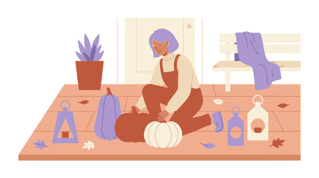 Young Woman Decorating Porch With Autumn Pumpkins And Lanterns Vector Illustration. EPS Editable. Vector Illustrations.