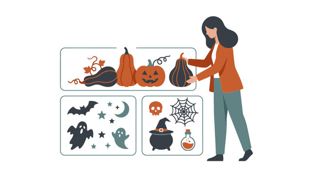 Young woman decorating wall with halloween stickers and pumpkins vector illustration. EPS Editable. Vector Illustrations.