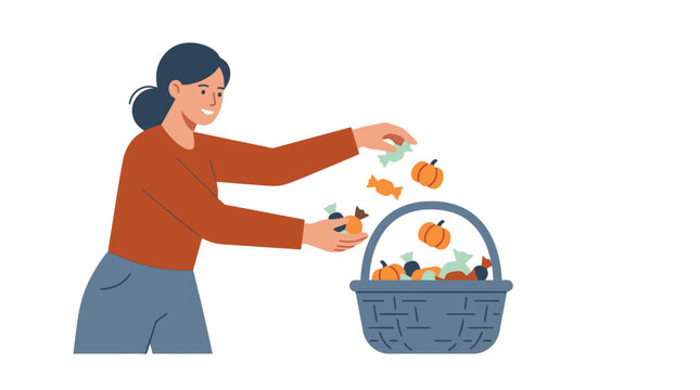 Young woman putting sweet halloween candies and pumpkin treats into a festive basket illustration. EPS Editable. Vector Illustrations.