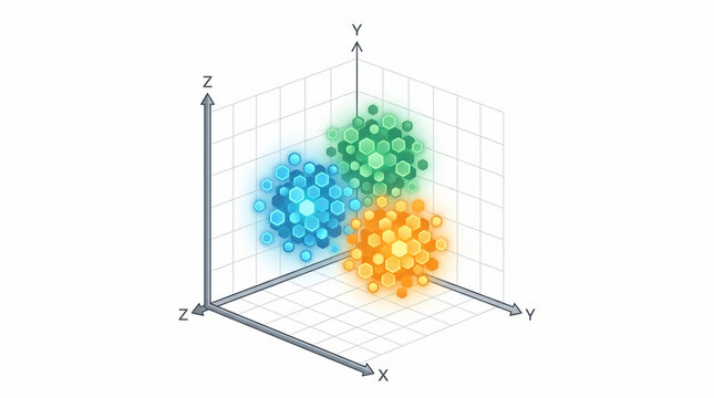 Threedimensional scatter plot with clustered data points in coordinate system.