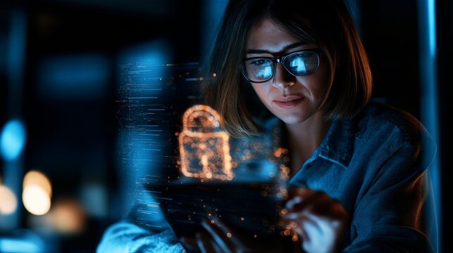 A female engineer checking digital security and encrypted data on a tablet