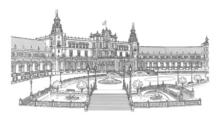 Obraz premium Detailed vector illustration of the historic Plaza de Espana featuring elegant architectural arches and bridges